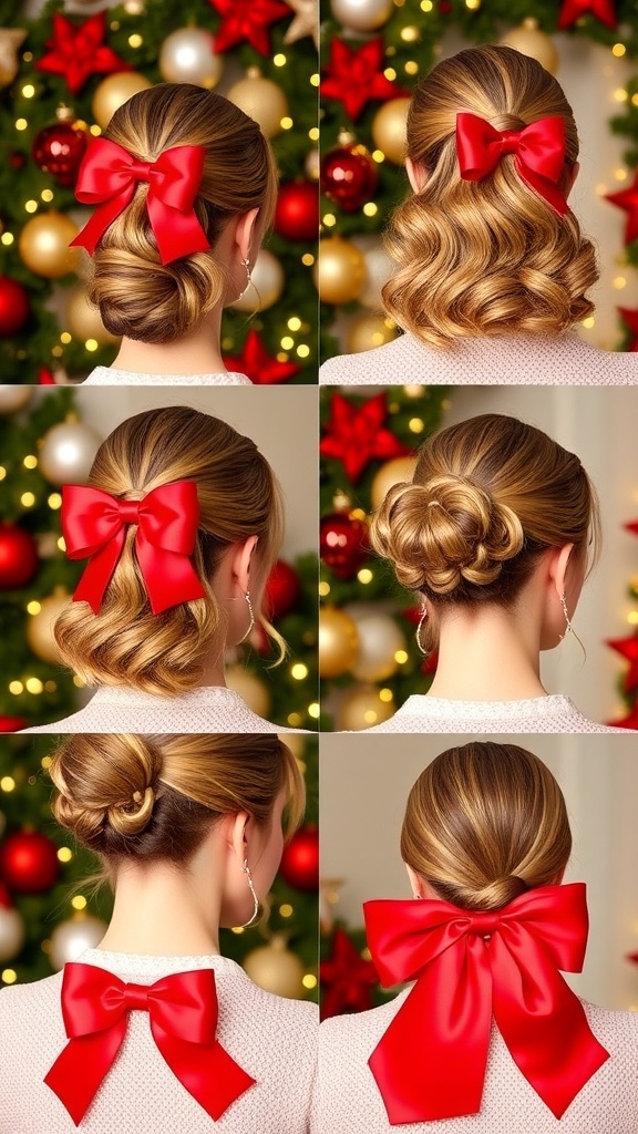Four festive hairstyles with red bows for Christmas, including a low bun, loose waves, half-up style, and a ponytail.